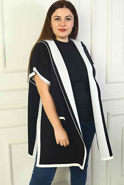 By Saygı Women's Side Button Detailed Hooded Back Patterned Plus Size Poncho