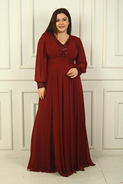 By Saygı Women's Long Chiffon Evening Dress with Front Back V-Neck Pleat Lined Plus Size