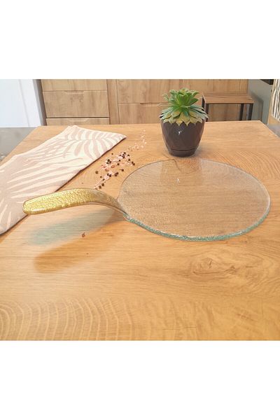 Zuzu Gold Glass Serving Plate with Gold Handle - 38x23 Cm