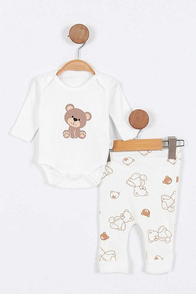 dinamik çocuk Bear Printed Corded Fabric Baby Set with Snap Fasteners, 100% Cotton, 2-Piece Bottom Top, 0-3-6-9 Months