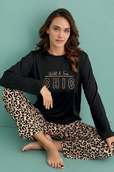 cotonhause Costum de pijama pentru femei cu mânecă lungă, negru nisip, C1T9N1O02-20