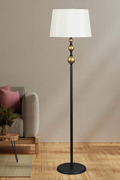 Taşcan Aydınlatma Emily Siyah Eskitme Metal Lambader Krem Konik Şapka Modern Oturma Odası, Yatak Odası, Salon Lambader