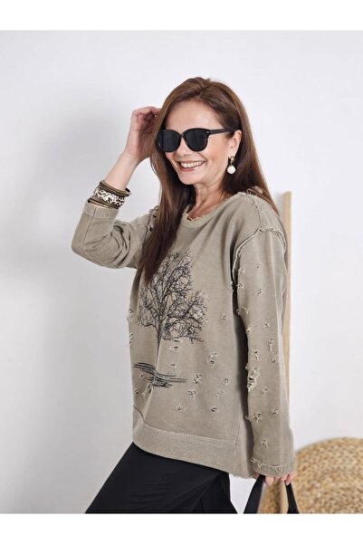 Felix Butik FELİX12906 Ağaçlı Yıkamalı Oversize Vizon Sweatshirt