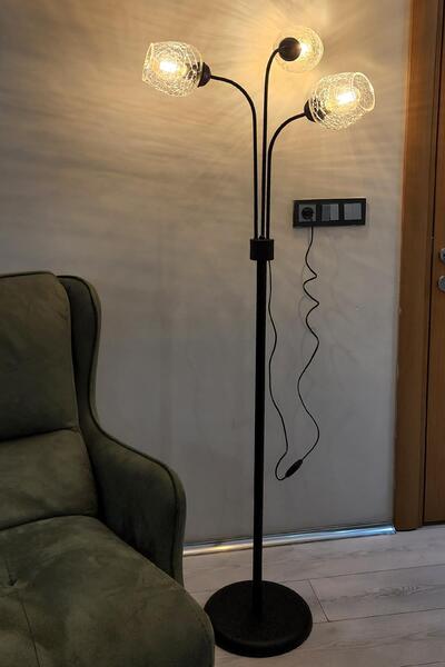 Taşcan Aydınlatma Zambak 3 Lü Siyah Tasarım Metal Ayaklı Lambader Çatlak Cam Oturma Odası-Salon Lambader