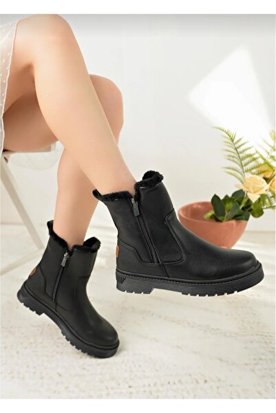 Özkan Ayakkabı POLACT SİYAH CİLT  İKİ YANI FERMUARLI TERMO TABAN ORTOPEDİK BİLEĞİ KÜRKLÜ KADIN BOT