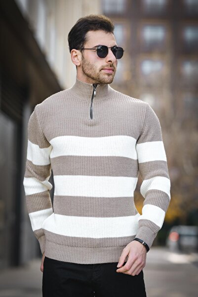 Oksit Ανδρικό πουλόβερ Bertrand Stand γιακά με φερμουάρ, ριγέ βαμβακερό χοντρό