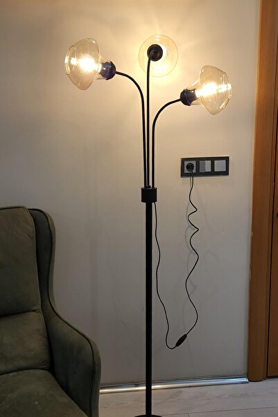 Taşcan Aydınlatma Zambak 3 Lü Siyah Tasarım Metal Ayaklı Lambader 2044B Oturma Odası-Salon Lambader