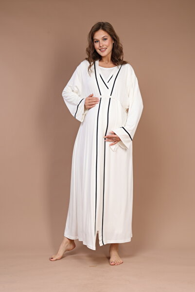 Lohussa Kadın Ekru  Kışlık Tasarım Tam Boy %100 Pamuk Hamile Lohusa Sabahlık ...