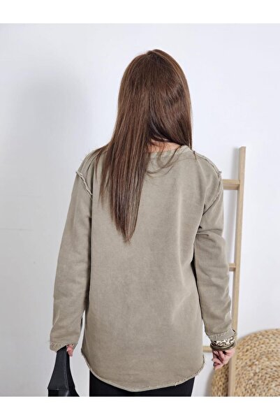 Felix Butik FELİX12906 Ağaçlı Yıkamalı Oversize Vizon Sweatshirt