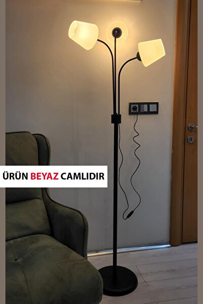 Taşcan Aydınlatma Zambak 3 Lü Siyah Tasarım Metal Ayaklı Lambader Ermando Cam Oturma Odası-Salon Lambader