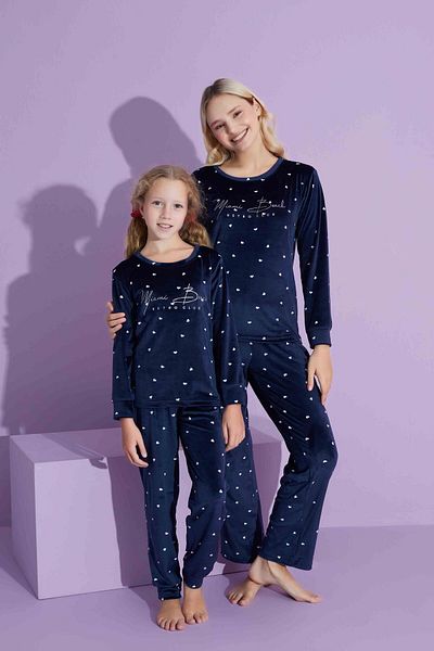 Mutlu City Set de pijamale din catifea la modă cu model de inimă - Mamă/Fiică 2776 - Inimă bleumarin