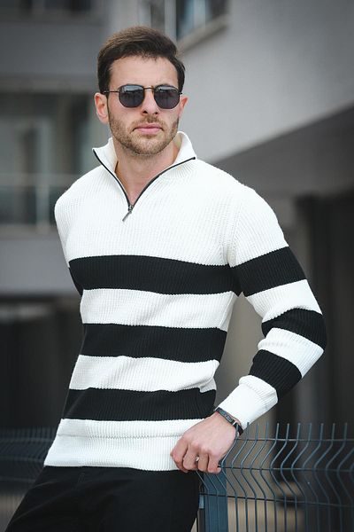 Oksit Pulover pentru bărbați din bumbac cu dungi cu fermoar cu guler vertical Bertrand