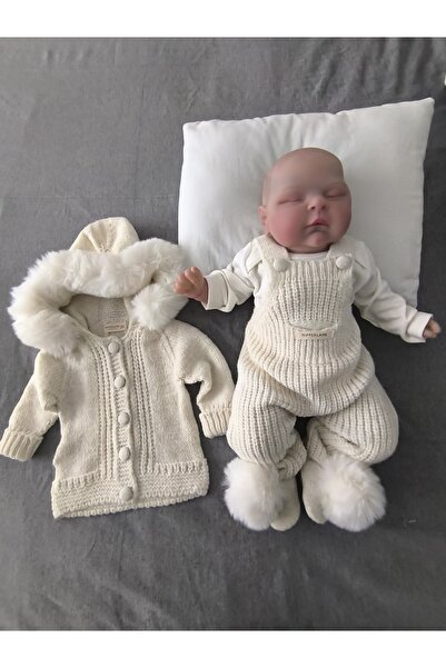 Nipperland Pompom Thessaloniki Knitted Fur Hooded Cardigan 3-Piece Unisex Salopet Set