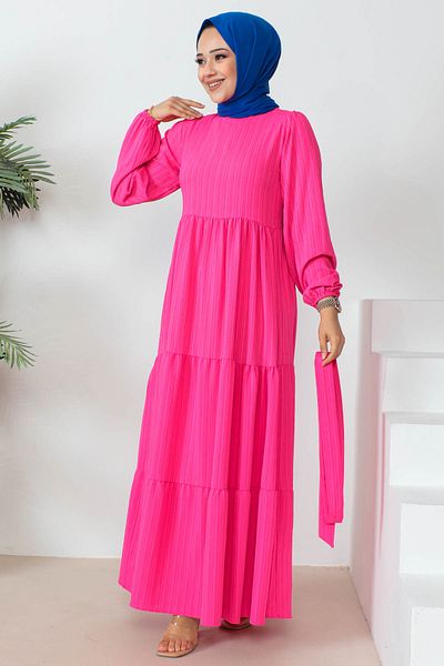 İmajButik Fuchsia Crew Neck Waist Tie Dress