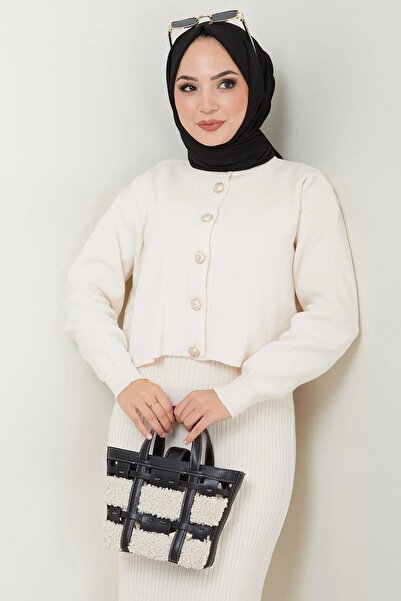 Miraydın Butik Ecru Hijab - Button Detailed Plain Skirt and Knitwear Cardigan