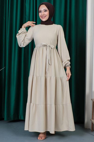İmajButik Beige Crew Neck Waist Tie Dress