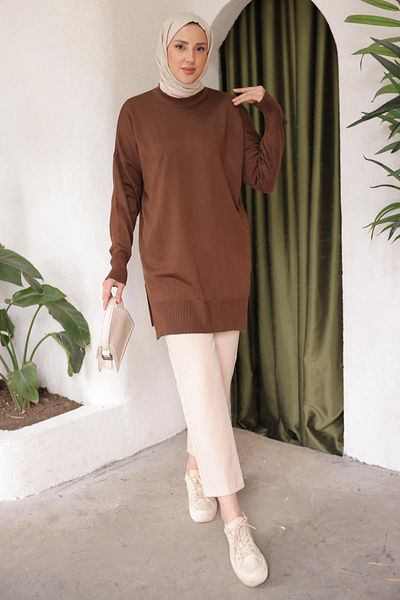 İmajButik Καφέ Εποχιακό Mercerized Casual Knitwear Tunic
