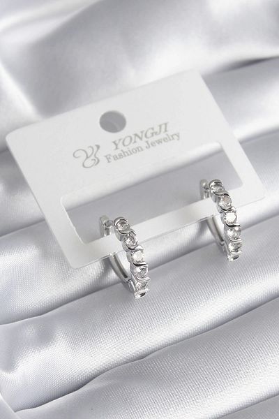 Clariss Brass Silver Color Zircon Stone Hoop Model Women's Earrings