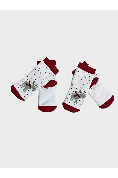 ALİŞ KİDS Children's Red and White Deer Patterned New Year's Themed Washed Perfumed 2-Piece Towel Socks