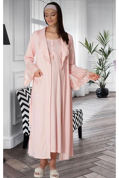 EM&FA TEKSTİL Lace Embroidered Maternity Dressing Gown Nightwear Set
