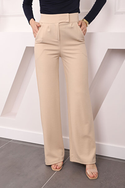 İmajButik Bej Yüksek Bel Beli Cırt Cırtlı Palozzo Pantolon
