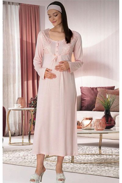 EM&FA TEKSTİL Lace Embroidered Maternity Dressing Gown Nightwear Set