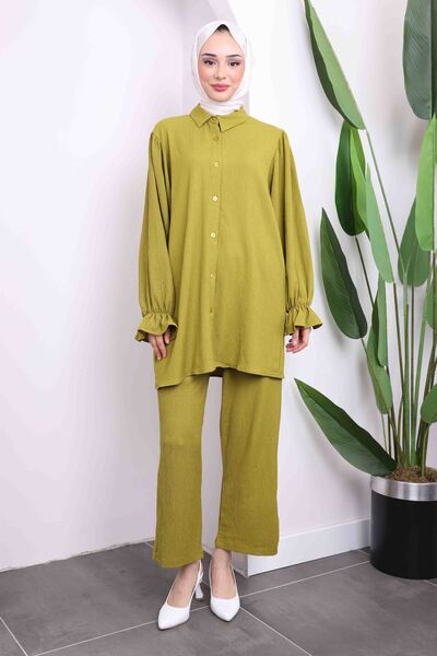 İmajButik Тъмнозелен креп костюм с ръкави и детайли