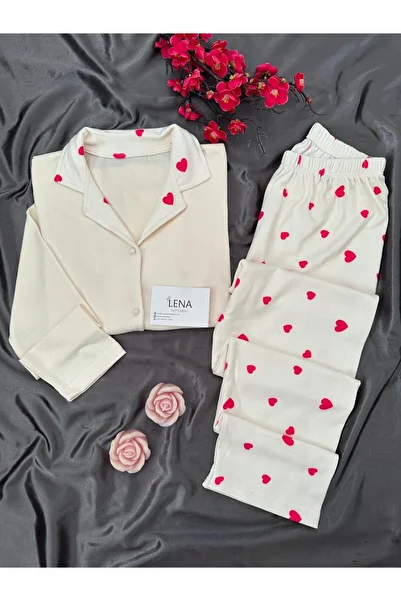 Lena Homewears Ecru Heart Patterned Buttoned Thermal Pajamas Set