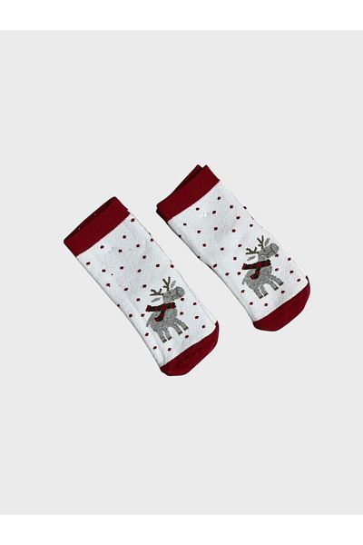 ALİŞ KİDS Children's Red and White Deer Patterned New Year's Themed Washed Perfumed 2-Piece Towel Socks