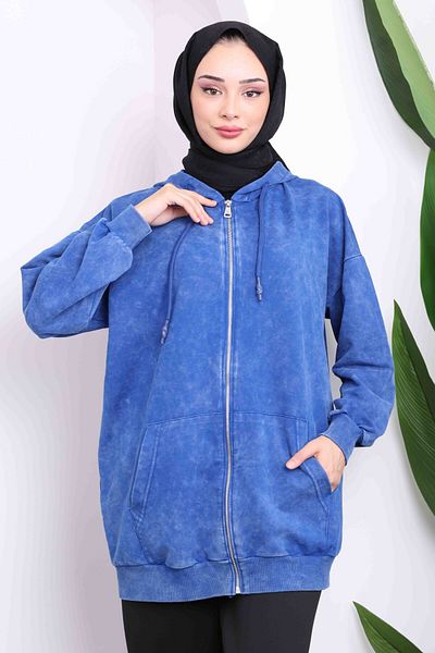 İmajButik Μπλουζάκι Saks Μπλε με κουκούλα με φερμουάρ