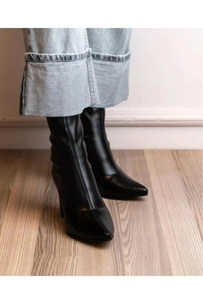 Mc vay Shoes Streç Bilekli Siyah Sivri Burunlu Orta Boy Topuklu Bot
