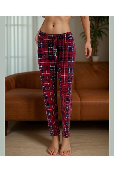 İntive Lingerie Lindros Roșu Negru Plaid Print - Partea de jos de pijama din bumbac din catifea de mărime mare (S-4XL)