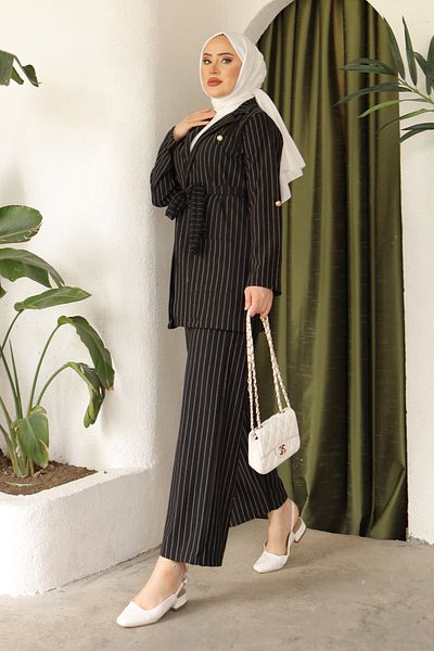 İmajButik Black Pocket Detailed Striped Jacket Trousers Double Set