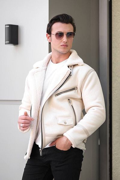 Mero Life Ανδρικό δερμάτινο Napa Full Fur Inside Υψηλής ποιότητας Slim Fit Λευκό Παλτό & Μπουφάν