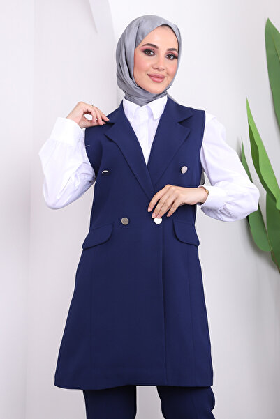 İmajButik Σετ γιλέκο και παντελόνι με διπλό γιακά Navy Blue