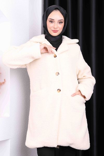 İmajButik Κρεμ βελούδινο παλτό Angora με κουμπιά