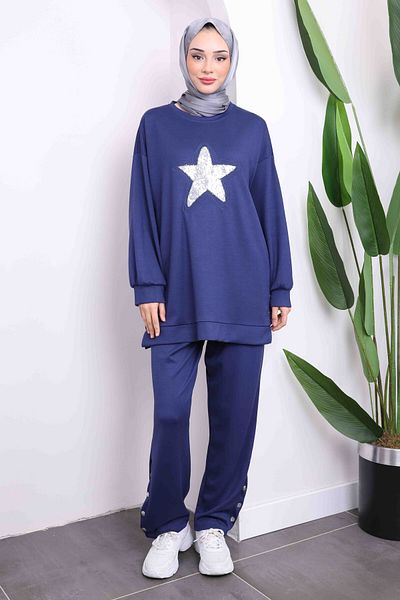 İmajButik Κοστούμι παντελόνι με κέντημα με μπλε μπλέ παγιέτα