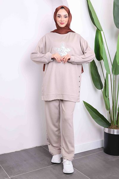 İmajButik Stone Sequin Embroidered Modal Tunic Pants Suit