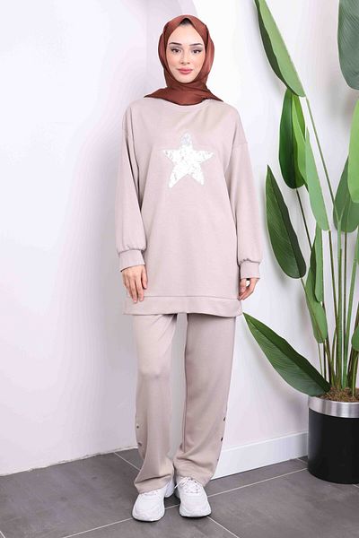 İmajButik Stone Sequin Embroidered Modal Tunic Pants Suit
