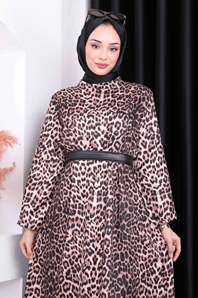 İmajButik Φόρεμα με ζωσμένο σχέδιο με λεοπάρ βιζόν