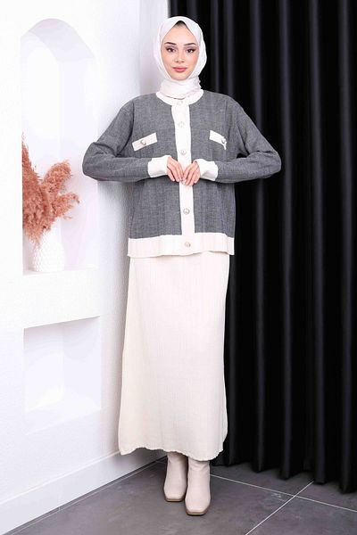 İmajButik Anthracite Cardigan Skirt Knitwear Set