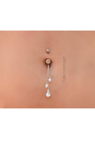 TakıConcept Kristal Damla Sallantılı Taşsız Göbek Piercing Çelik Göbek Piercing