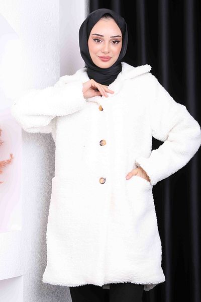 İmajButik Παλτό βελούδινο εκρού Angora με κουμπιά