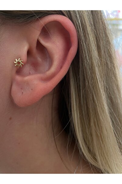 Siminkari 925 Ayar Gümüş Tragus Altın Kaplama Güneş Detaylı Piercing