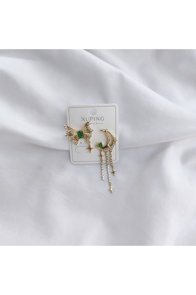 tezz Xuping Zirkon Yeşil Taşlı Kelebek Sallantılı Ay Parıltılı Altın Küpe