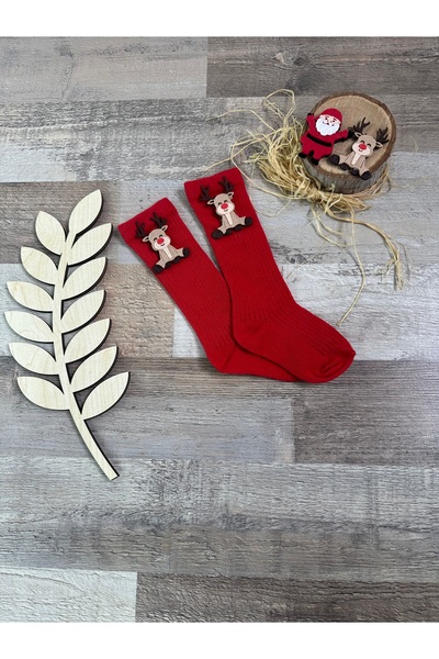 Feriatolye 1-2 Years Red Unisex Deer Knee Socks