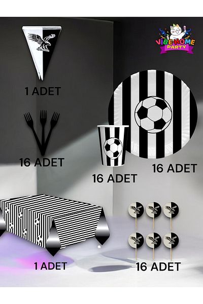 VibeHome Black and White Fan Premium Set for 16 - Birthday Party and Fun Events