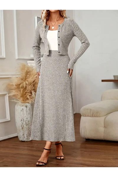 Viyamo New Season Women's Long Sleeve Button down Blouse and High Waist A-Line Long Skirt Raster Stylish Two-Piece Set