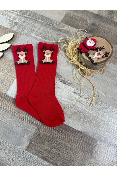 Feriatolye 1-2 Years Red Unisex Deer Knee Socks