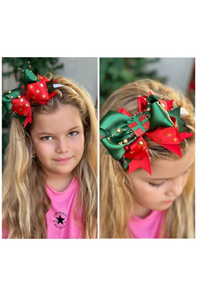 QUEEN AKSESUAR Lüks tasarım süslü simli yıldızlı incili Noel yılbaşı tacı hediye paketi katlı fiyonklu taç